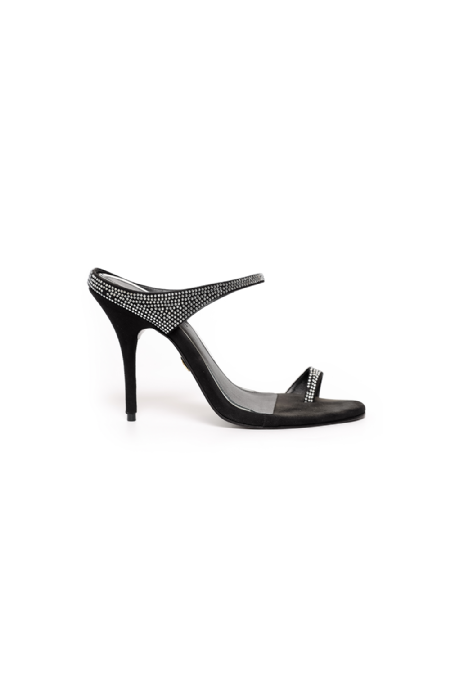 Crystal Leather Sandal I  Black-Silver 