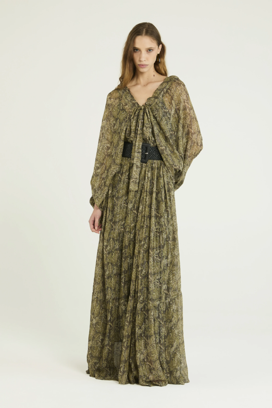  Jacitix Silk Dress Olive Maxi Paisley 